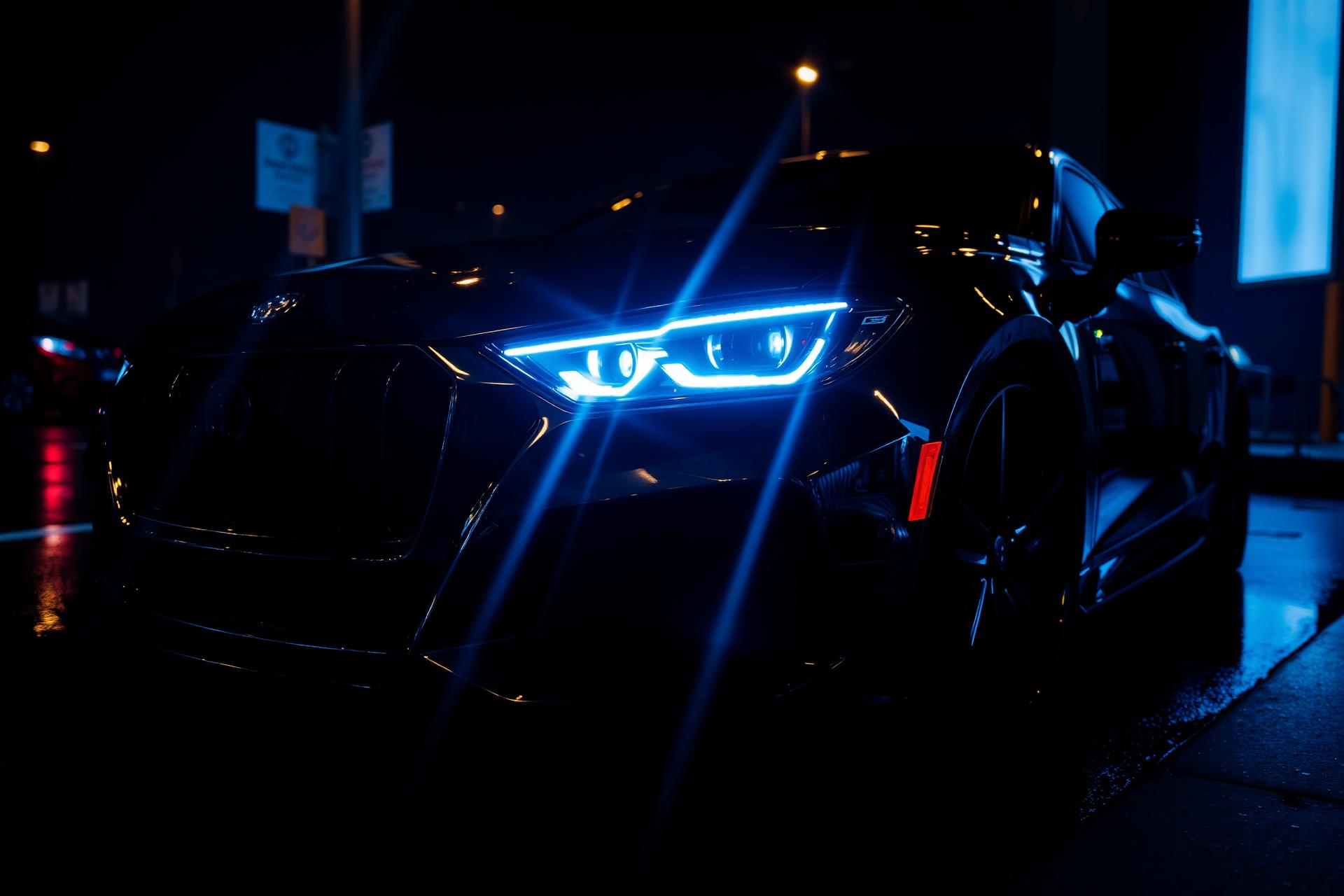 Restored crystal-clear headlights beaming bright blue-white light on a luxury car at night